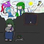  bad_anatomy frog gensoukyou imagining kirisame_marisa kochiya_sanae long_hair mountain sad snake solo tatara_kogasa touhou toy umbrella wheelchair 