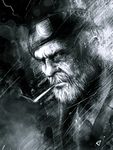  beard beret bill_(left4dead) cigarette dark facial_hair gavade greyscale hat jacket left_4_dead male_focus manly military monochrome night old_man rain realistic sketch smoke smoking solo 