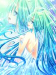  aqua_hair back backless_dress backless_outfit bare_back blue_eyes dress from_behind gradient_hair hand_on_own_chest hatsune_miku long_hair momomiya_mion multicolored_hair open_mouth solo vocaloid zoom_layer 