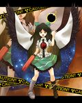  asymmetrical_clothes black_sun bow brown_hair cape caution eyes green_bow hair_bow highres long_hair md5_mismatch mismatched_footwear nobori_ranzu radiation_symbol red_eyes reiuji_utsuho solo sun symbol-shaped_pupils touhou wings zoom_layer 