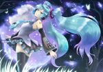  aqua_eyes aqua_hair detached_sleeves hatsune_miku headset long_hair looking_back necktie skirt solo sts thighhighs twintails very_long_hair vocaloid 