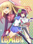  angel_beats! az_(shotatteiiyone) bad_id bad_pixiv_id blazer blonde_hair blue_eyes company_connection crossover green_eyes gun jacket key_(company) little_busters! long_hair multiple_girls one_eye_closed purple_hair sakurai_harumi school_uniform seiyuu_connection serafuku short_hair thighhighs tokido_saya twintails weapon yuri_(angel_beats!) 