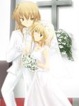  alice_margatroid bad_id bad_pixiv_id blonde_hair blue_eyes bouquet bridal_veil bride dress flower grin kirisame_marisa long_hair multiple_girls short_hair smile touhou tsunenori veil wedding_dress wife_and_wife yellow_eyes yuri 