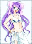 bad_id bad_pixiv_id bikini blue_eyes bow fang fictional_persona hair_bow hair_ornament hand_on_hip original purple_hair sacchon sarong self-portrait solo swimsuit twintails white_sarong 