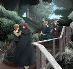  3girls bad_id bad_pixiv_id beatrice blonde_hair cape dress forest hand_on_shoulder multiple_girls multiple_persona nature necktie ogura_sakiru railing red_hair skirt stairs thighhighs time_paradox umineko_no_naku_koro_ni ushiromiya_battler 