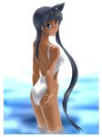  adjusting_clothes adjusting_swimsuit ahoge ass biruteratai black_hair blue_eyes dark_skin highleg highleg_swimsuit huge_ahoge looking_back one-piece_swimsuit original solo swimsuit wading water white_swimsuit yagisaka_seto 