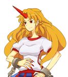  blonde_hair cuffs fang fingernails hand_on_hip horn hoshiguma_yuugi jean_(jean_sp) long_fingernails long_hair pointy_ears red_eyes slit_pupils solo touhou 