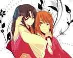  1boy 1girl black_hair blue_eyes blue_ribbon couple female himura_kenshin hug japanese_clothes kamiya_kaoru kimono long_hair male orange_hair ponytail purple_eyes ribbon rurouni_kenshin scar uya 