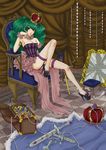  asymmetrical_clothes bare_shoulders breasts broken_mirror checkered checkered_floor choker cleavage coin crown dagger elbow_gloves fishnet_legwear fishnets garter_belt gem gloves green_eyes green_hair high_heels legs long_hair medium_breasts mirror original pearl sakurazawa_mana scepter shoes sitting solo striped sword thighhighs throne treasure_chest weapon wrist_cuffs 