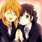  :d black_eyes black_hair blazer brown_hair closed_eyes extra holding_hands jacket k-on! long_hair maruki_(punchiki) multiple_girls one_eye_closed open_mouth round_teeth school_uniform short_hair smile sunahara_yoshimi tachibana_himeko teeth yuri 