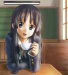  akiyama_mio bangs black_hair blazer blue_eyes blunt_bangs cup desk hime_cut jacket k-on! kozuka long_hair looking_at_viewer open_mouth pov_across_table round_teeth school_uniform solo teacup teeth 