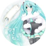  aqua_eyes aqua_hair cat earmuffs from_above gloves green_eyes hatsune_miku long_hair lying minyo mittens necktie on_back scarf skirt smile snow snowflakes solo stretch thighhighs twintails very_long_hair vocaloid white_scarf zettai_ryouiki 