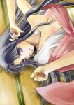  1girl blue_eyes blue_hair body_blush female japanese_clothes johnko kamiya_kaoru long_hair lying na-yan rurouni_kenshin solo 