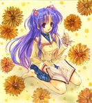  barefoot blue_hair book clannad flower hikarizaka_private_high_school_uniform ichinose_kotomi kneeling long_hair nyonsuke purple_eyes school_uniform shikishi solo traditional_media two_side_up 