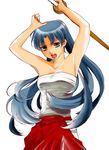  1girl armpits arms_up blue_eyes blue_hair female johnko kamiya_kaoru long_hair na-yan open_mouth rurouni_kenshin simple_background solo sword weapon white_background wooden_sword 