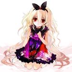  blonde_hair boots bow dress floral_print flower long_hair ni_(2shi) original pc_personification red_eyes solo very_long_hair 