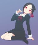  1girl arm_support black_hair black_legwear blush bow dress eyebrows_visible_through_hair finger_to_mouth hair_bow half_updo kaguya-sama_wa_kokurasetai_~tensai-tachi_no_renai_zunousen~ kneehighs no_shoes peaceyj red_eyes red_ribbon ribbon school_uniform shinomiya_kaguya simple_background sitting smirk solo wariza 