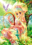  :d bird blonde_hair blue_eyes dress frills harp hat instrument laces long_hair nature nishiwaki_yuuri open_mouth original smile solo 