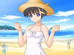 bare_shoulders beach black_hair blue_eyes blush breasts clenched_hands cloud covered_nipples day dress fish game_cg hair_ornament hairclip hat isawa_tae lamune outdoors short_hair sky small_breasts smile solo straw_hat suigetsu third-party_edit w_arms water 