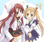  aliese_martini aty_(summon_night) belt beret blue_eyes blush cape dress eretto gloves hat jewelry long_hair long_sleeves loose_belt multiple_girls orange_eyes orange_hair red_hair sad short_dress summon_night summon_night_3 sweatdrop tears translated turtleneck twintails white_gloves 