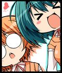  &gt;_&lt; :o big_eyes black_border blush border celebi_ryousangata closed_eyes empty_eyes glasses green_hair heart lowres multiple_girls o_o open_mouth orange_hair school_uniform shocked_eyes teeth to_heart_2 yamada_michiru yoshioka_chie 