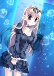  air_bubble animal aquarium black_dress blonde_hair blue_eyes breasts bubble choker cleavage dress dutch_angle frilled_dress frills hair_ribbon jellyfish kujira_(knave) kusugawa_sasara layered_dress long_hair long_sleeves looking_at_viewer medium_breasts ribbon skirt_hold solo to_heart_2 water waving 