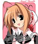  :d ahoge angel_breath antenna_hair apron bangs black_eyes blush bun_cover buttons copyright_name gabriel_(angel_breath) hair_between_eyes hair_intakes head_tilt heart kantoku looking_at_viewer maid official_art open_mouth orange_hair ribbon short_hair sidelocks sketch smile solo striped striped_background translation_request upper_body 