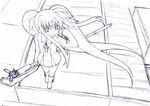  adjusting_hair bardiche closed_mouth expressionless fate_testarossa floating_hair floor from_above full_body greyscale holding holding_weapon long_hair lyrical_nanoha mahou_shoujo_lyrical_nanoha monochrome polearm ribbon selece solo standing twintails very_long_hair weapon 