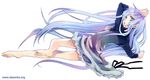  barefoot blue_hair dress feet from_above from_behind kurafuji_sachi long_hair long_sleeves looking_back looking_up lying on_stomach original solo toes very_long_hair 