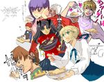  4girls aqua_eyes archer artoria_pendragon_(all) black_hair blonde_hair brown_hair dark_skin dark_skinned_male eating emiya_shirou everyone fate/stay_night fate_(series) flipping_food food fried_rice fujimura_taiga gilgamesh hair_bun highres long_hair long_sleeves looking_back matou_sakura matou_shinji multiple_boys multiple_girls red_hair rice saber sketch smile toosaka_rin white_hair wok yu_65026 