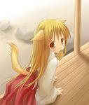  animal_ears blonde_hair copyright_request fox_ears hakama japanese_clothes long_hair long_sleeves miko mouth_hold niwatoriya red_eyes red_hakama solo tail 