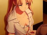  artist_request bra breasts buttons cleavage collarbone game_cg lingerie medium_breasts miyaji_saya open_clothes open_shirt orange_hair realize red_eyes shirt solo underwear undressing 