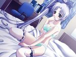  artist_request bed bed_sheet bedroom blue_eyes blue_hair book bow bra chair curtains desk game_cg hair_bow hand_to_own_mouth indoors lingerie long_hair off_shoulder office_chair one_2_~eien_no_yakusoku~ panties serizawa_kokone side_ponytail solo thighhighs underwear underwear_only very_long_hair white_legwear window 