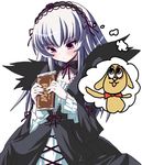  blush chocolate chocolate_bar food jpeg_artifacts kunkun long_hair long_sleeves meiji_(brand) meiji_milk_chocolate pale_skin pink_eyes rozen_maiden shinshin silver_hair solo suigintou 