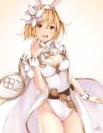  1girl :d animal_ears bangs belt blonde_hair blush breasts brown_eyes bunny_ears cape cleavage cowboy_shot djeeta_(granblue_fantasy) fake_animal_ears flower gradient gradient_background granblue_fantasy groin hair_between_eyes hair_flower hair_intakes hair_ornament hairband hand_up highres leotard looking_at_viewer medium_breasts open_mouth sage_(granblue_fantasy) short_hair signature smile solo standing suzume_(simple0091) thigh_gap thighs white_background white_cape white_flower white_leotard wrist_cuffs 