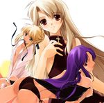  artoria_pendragon_(all) back black_panties blonde_hair braid brown_hair caster dress dress_shirt fate/stay_night fate_(series) green_eyes hair_bun illyasviel_von_einzbern long_hair mouth_hold multiple_girls nagare_hyougo open_clothes open_shirt panties purple_hair red_eyes saber shirt side-tie_panties underwear white_hair 