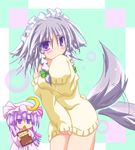  animal_ears blush book braid chibi dog_ears dog_tail dress hat izayoi_sakuya kemonomimi_mode long_hair long_sleeves lowres maid maid_headdress marimo_(artist) multiple_girls patchouli_knowledge purple_eyes purple_hair ribbon short_hair silver_hair sleeves_past_wrists sweater sweater_dress tail tail_wagging touhou twintails 