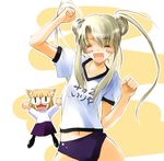  ^_^ animal_ears big_eyes blush_stickers buruma cat_ears closed_eyes collarbone cowboy_shot dancing double_bun fangs fate/stay_night fate_(series) gym_uniform illyasviel_von_einzbern multiple_girls nagare_hyougo navel nekoarc purple_skirt short_sleeves sidelocks simple_background skirt tiger_dojo twintails 