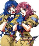  artist_request blue_eyes blue_hair gloves grace_urigin hair_ornament hairclip lipstick long_hair looking_at_viewer makeup military multiple_girls open_mouth patricia_hackman pink_hair short_hair simple_background stuffed_toy super_robot_wars uniform 