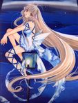  absurdly_long_hair barefoot brown_eyes chii chobits clamp dress frills full_body hands_clasped lamp legs long_hair night official_art own_hands_together profile sitting sleeveless solo very_long_hair 