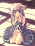  animal_ears bell bell_collar black_dress blush brown_hair cat_ears collar copyright_request dress dress_lift frills heterochromia kneeling nekou_izuru panties solo strap_slip underwear white_panties 