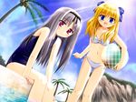  :d ball bandeau bangs beach beachball bikini blonde_hair blue_eyes blue_sky blue_swimsuit blush bow breasts clenched_hand cliff cloud cloudy_sky coconut day dutch_angle flat_chest from_side game_cg hair_bow hairband harley_sarasa_bastille holding holding_beachball leaning_forward light_rays long_hair looking_at_viewer multiple_girls navel o-ring o-ring_top one-piece_swimsuit open_mouth outdoors palm_tree parted_bangs peko plaid red_eyes sakura_machizaka_stories school_swimsuit sensei_ga_oshiete_ageru sera_ranevskaya side-tie_bikini silver_hair sitting sky small_breasts smile soaking_feet standing sun sunbeam sunlight swimsuit transparent tree water white_bikini 