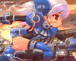  armor ass blue_falcon electricity f-zero floating hair_ornament lowres mecha_musume oekaki personification race_track racing red_eyes shigatake solo sparks thighhighs typo white_hair zettai_ryouiki 