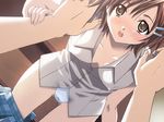  ayame-iro_no_natsu blouse blush breasts brown_eyes brown_hair covered_nipples dutch_angle game_cg hair_ornament hairclip leaning_forward medium_breasts panties plaid plaid_skirt school_uniform short_hair skirt skirt_pull solo_focus standing underwear undressing white_panties yamanoshita_shiori yamase_nami 