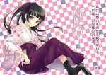 black_hair checkered copyright_request japanese_clothes long_sleeves ponytail purple_eyes solo yusuraume 