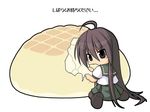  ahoge black_hair bread chibi eating food lowres melon_bread school_uniform shakugan_no_shana shana solo thighhighs yuichirou 