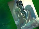  anus arm_support artoria_pendragon_(all) ass bangs bed black_hair blonde_hair blunt_bangs breasts covering covering_breasts fate/stay_night fate_(series) green_eyes hair_bun highres hime_cut illyasviel_von_einzbern long_hair looking_back lying medium_breasts multiple_girls namonashi navel nude nude_cover on_side panties panty_pull pussy_peek red_eyes saber silver_hair sitting standing thighhighs toosaka_rin topless underwear wallpaper white_legwear white_panties widescreen 