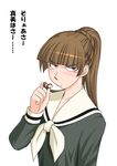  bangs blunt_bangs brown_eyes brown_hair frown hair_ornament hair_twirling hairpin katwu_(gensou_ninja_yashiki) long_sleeves maria-sama_ga_miteru ponytail school_uniform solo tears tsukiyama_minako 