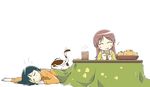  ^_^ anus blush_stickers cat cat_on_person closed_eyes cup food fruit kotatsu long_sleeves lying mandarin_orange multiple_girls original sitting table tea tessei yunomi 
