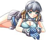  artist_request blue_eyes blush braid breasts cleavage gloves large_breasts lying seolla_schweizer short_hair silver_hair solo super_robot_wars 